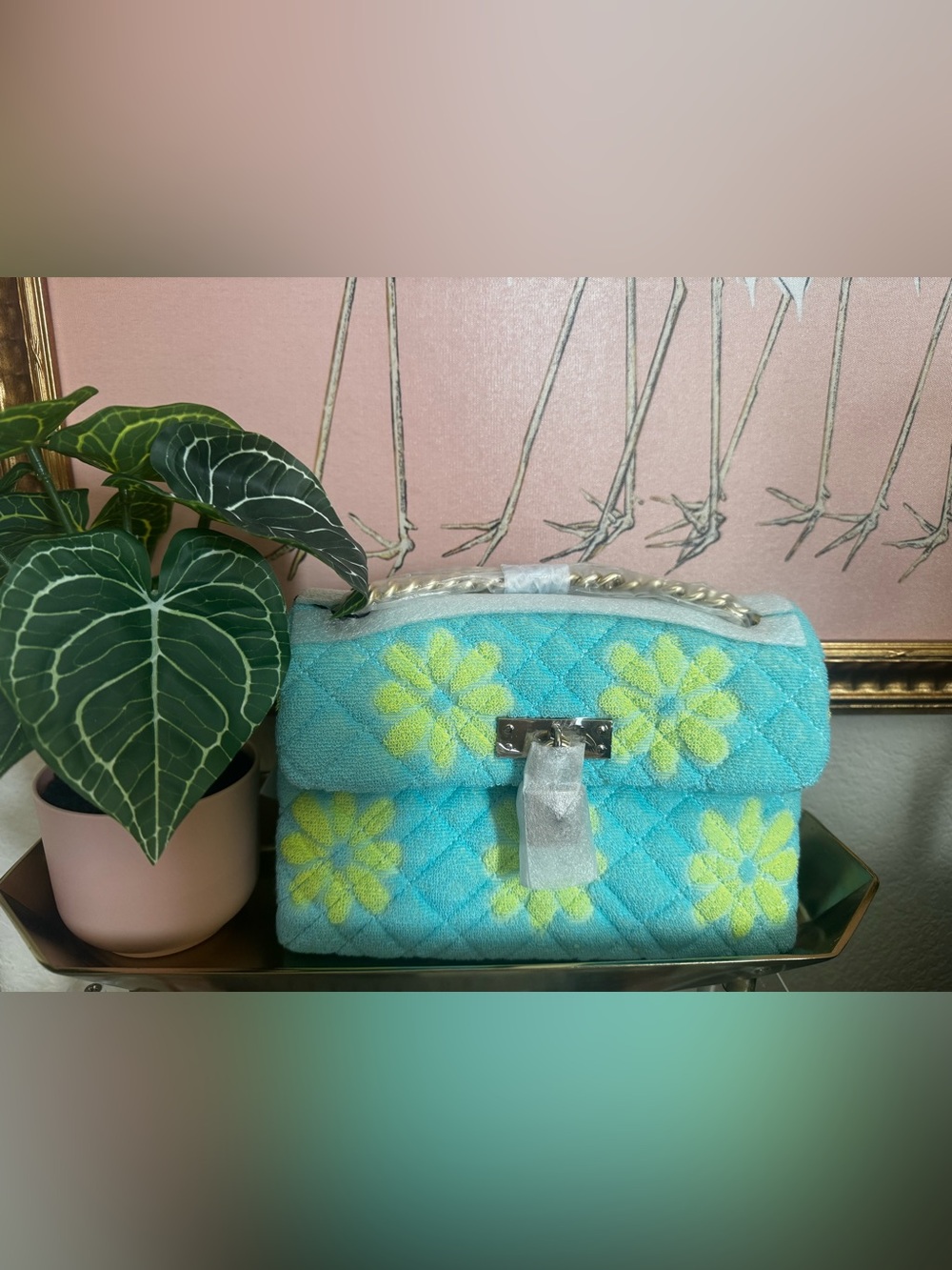 Kurt Geiger THE BRIXTON Terry Cloth Floral Shoulder Bag Aqua Lime Gold Chain